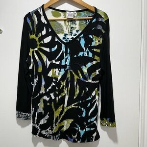 Parsley & Sage Blouse Tunic Artsy Medium Top 3/4 Sleeves Patchwork